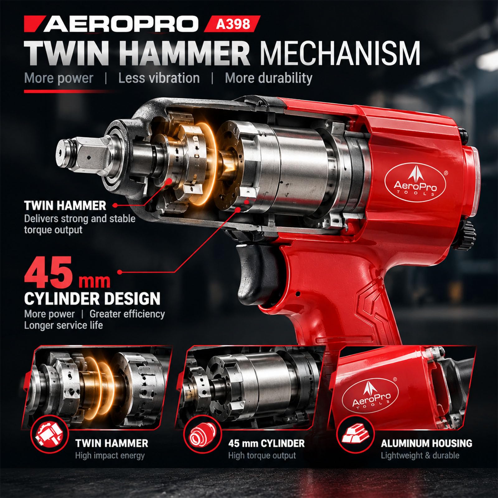 AEROPRO TOOLS 1/2-Inch Aluminum Air Impact Wrench(A398) | Twin